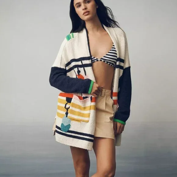 Anthropologie Maeve Nautical Buoy Cardigan Sweater Whale Seahorse S M NWT